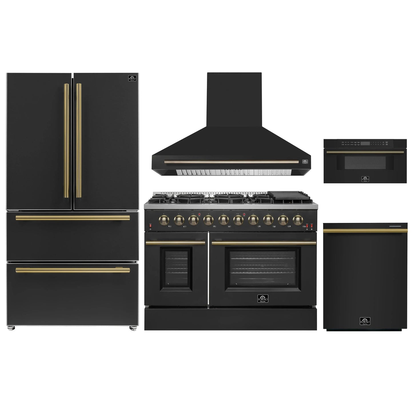 Forno 5-Piece Appliance Package - 48-Inch Gas Range, Wall Mount Range Hood, 36-Inch Refrigerator, Dishwasher, and 30-Inch Microwave Drawer in Black with Antique Brass Handle - AP5-6244-48BLK-5095-MD30