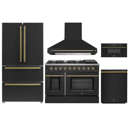 Forno 5-Piece Appliance Package - 48-Inch Gas Range, Wall Mount Range Hood, 36-Inch Refrigerator, Dishwasher, and 30-Inch Microwave Drawer in Black with Antique Brass Handle - AP5-6244-48BLK-5095-MD30