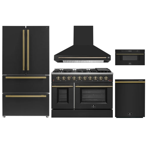 Forno 5-Piece Appliance Package - 48-Inch Gas Range, Wall Mount Range Hood, 36-Inch Refrigerator, Dishwasher, and 30-Inch Microwave Drawer in Black with Antique Brass Handle - AP5-6244-48BLK-5095-MD30