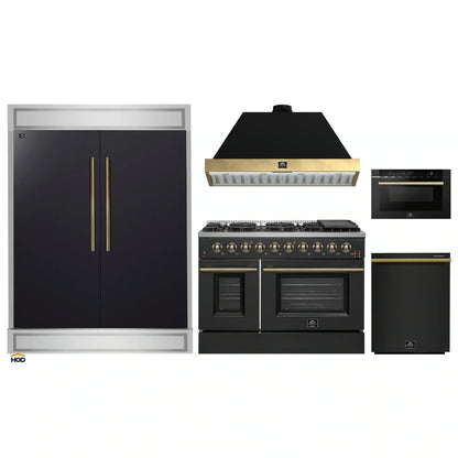 Forno 5-Piece Appliance Package - 48-Inch Gas Range, 60-Inch Convertible Refrigerator with Modern Trim, Dishwasher, and 24-Inch Microwave Drawer in Black with Antique Brass Handle - AP5-6244-48BLK-MWD24-60MG