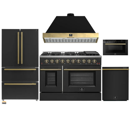 Forno Galiano 5-Piece Appliance Package - 48-Inch Gas Range, 48-Inch Hood, 36-Inch Refrigerator, 24-Inch Dishwasher, & 24-Inch Microwave Drawer in Black with Antique Brass Trim - AP5-6244-48BLK-MWD24