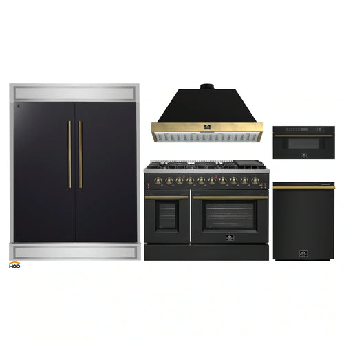 Forno 5-Piece Appliance Package - 48-Inch Gas Range, 60-Inch Convertible Refrigerator with Modern Trim, Dishwasher, and 30-Inch Microwave Drawer in Black with Antique Brass Handle - AP5-6244-48BLK-MWD30-60MG