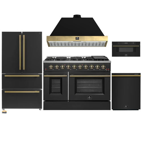 Forno Galiano 5-Piece Appliance Package - 48-Inch Gas Range, 48-Inch Hood, 36-Inch Refrigerator, 24-Inch Dishwasher, & 30-Inch Microwave Drawer in Black with Antique Brass Trim - AP5-6244-48BLK-MWD30