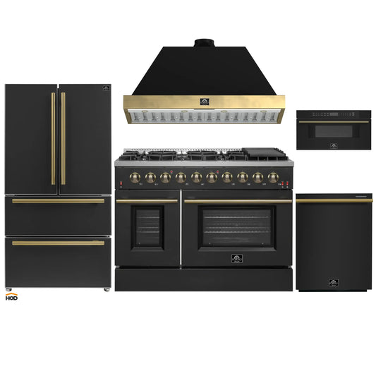 Forno Galiano 5-Piece Appliance Package - 48-Inch Gas Range, 48-Inch Hood, 36-Inch Refrigerator, 24-Inch Dishwasher, & 30-Inch Microwave Drawer in Black with Antique Brass Trim - AP5-6244-48BLK-MWD30