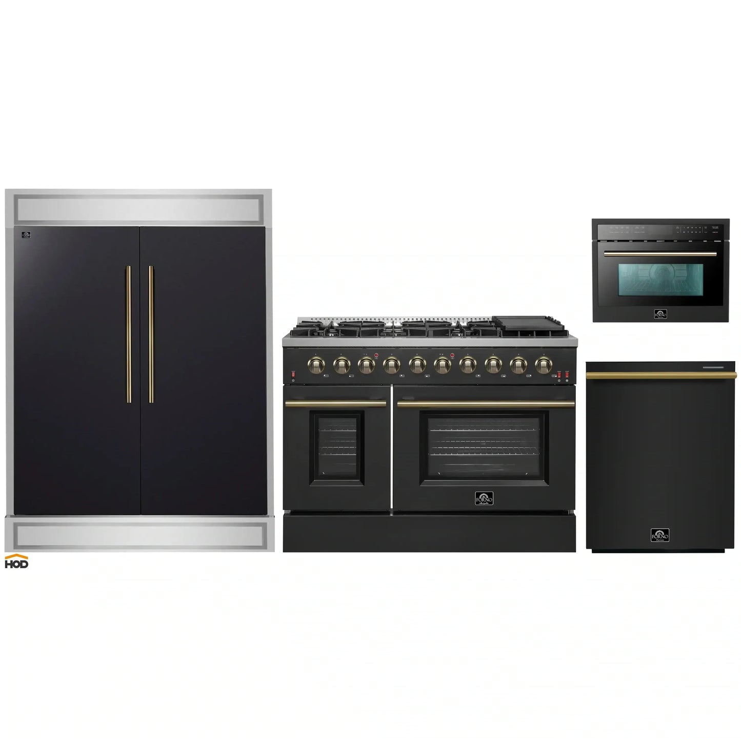Forno 5-Piece Appliance Package - 48-Inch Gas Range, 60-Inch Convertible Refrigerator with Modern Trim, Dishwasher, and 24-Inch Microwave Oven in Black with Antique Brass Handle - AP5-6244-48BLK-MWO24-60MG