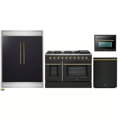 Forno 5-Piece Appliance Package - 48-Inch Gas Range, 60-Inch Convertible Refrigerator with Modern Trim, Dishwasher, and 24-Inch Microwave Oven in Black with Antique Brass Handle - AP5-6244-48BLK-MWO24-60MG