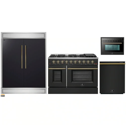 Forno 5-Piece Appliance Package - 48-Inch Gas Range, 60-Inch Convertible Refrigerator with Modern Trim, Dishwasher, and 24-Inch Microwave Oven in Black with Antique Brass Handle - AP5-6244-48BLK-MWO24-60MG