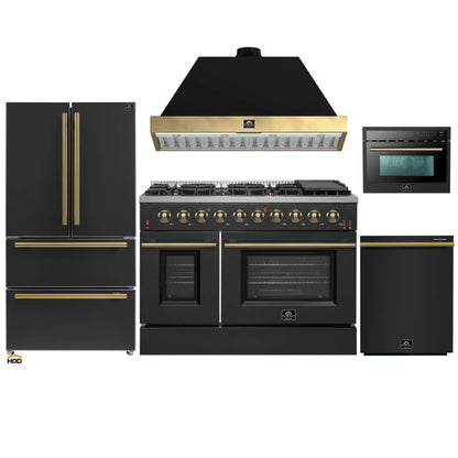 Forno Galiano 5-Piece Appliance Package - 48-Inch Gas Range, 48-Inch Hood, 36-Inch Refrigerator, 24-Inch Dishwasher, & 24-Inch Microwave Oven in Black with Antique Brass Trim - AP5-6244-48BLK-MWO24