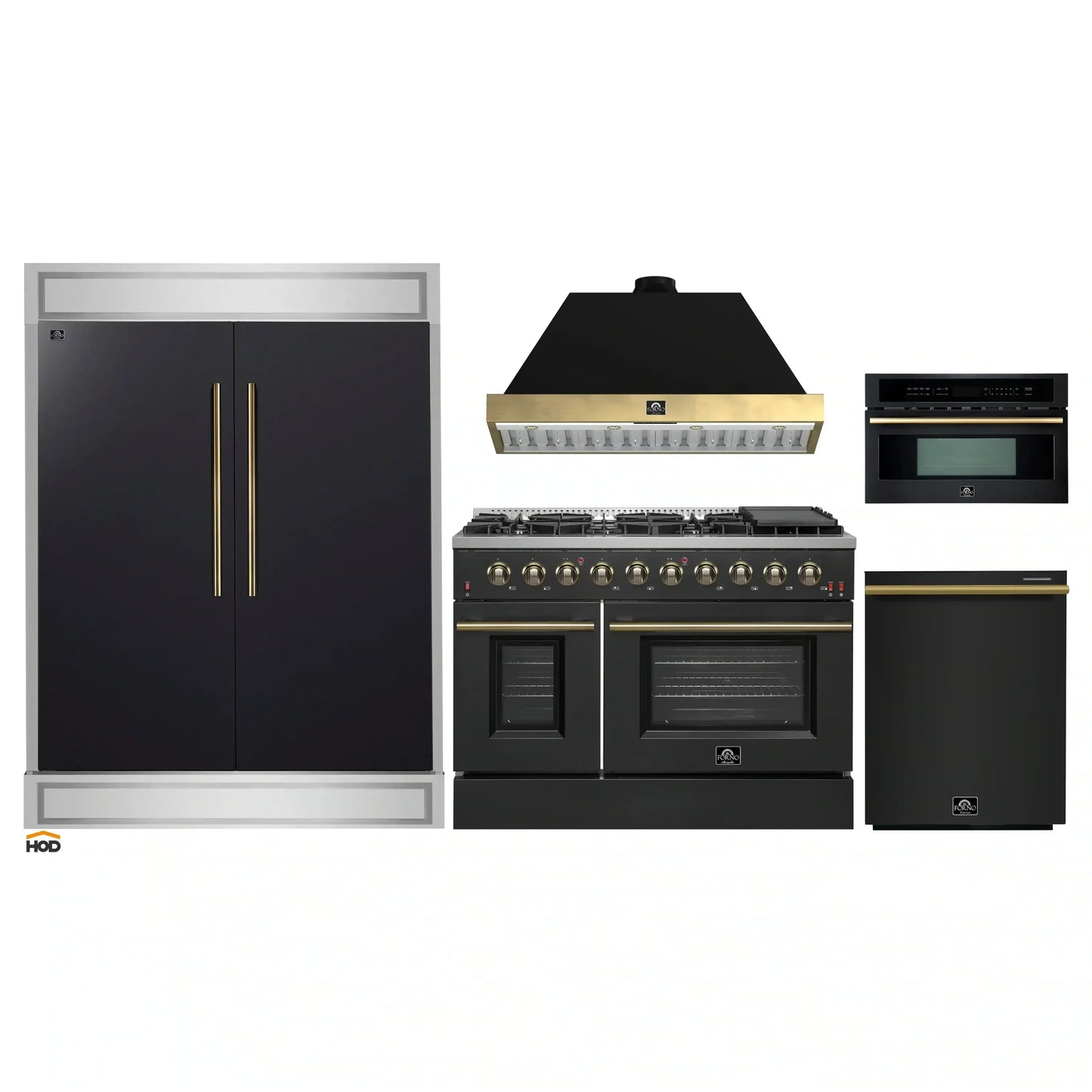 Forno 5-Piece Appliance Package - 48-Inch Gas Range, 60-Inch Convertible Refrigerator with Modern Trim, Dishwasher, and 30-Inch Microwave Oven in Black with Antique Brass Handle - AP5-6244-48BLK-MWO30-60MG