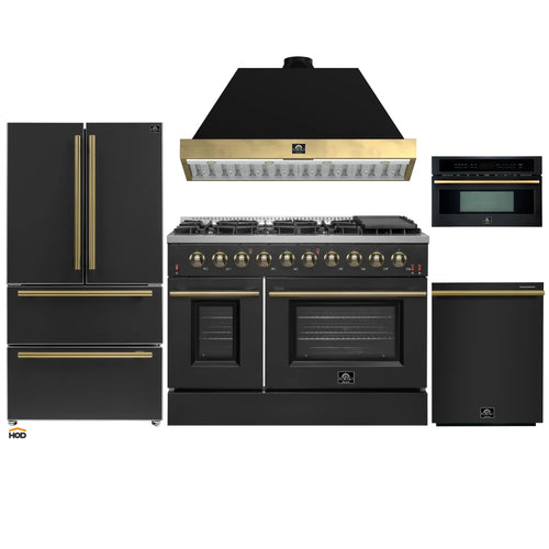 Forno Galiano 5-Piece Appliance Package - 48-Inch Gas Range, 48-Inch Hood, 36-Inch Refrigerator, 24-Inch Dishwasher, & 30-Inch Microwave Oven in Black with Antique Brass Trim - AP5-6244-48BLK-MWO30