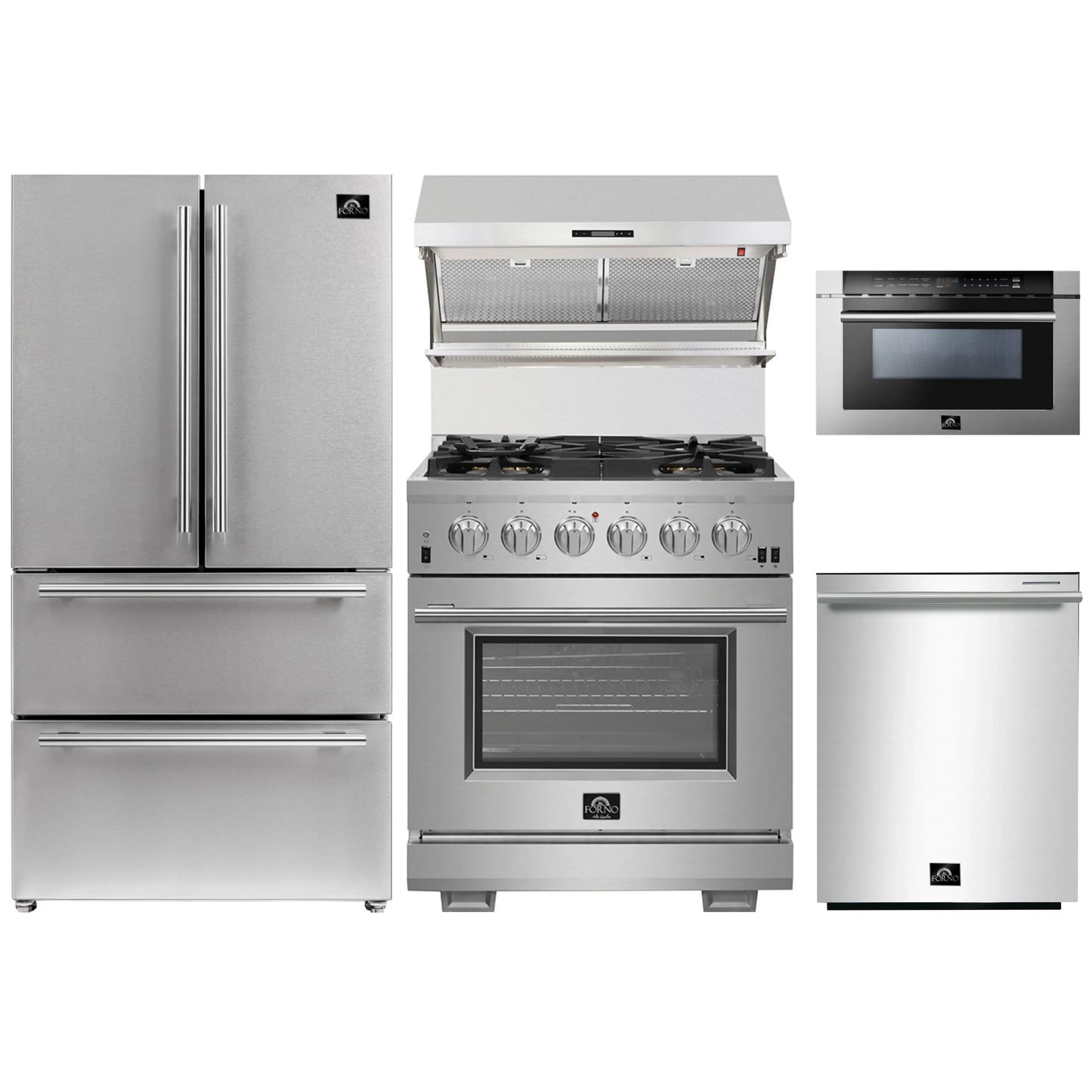 Forno 5-Piece Pro Appliance Package - 30-Inch Gas Range, Refrigerator, Wall Mount Hood with Backsplash, 24-Inch Microwave Drawer, & 3-Rack Dishwasher in Stainless Steel - AP5-6260-30-MWD