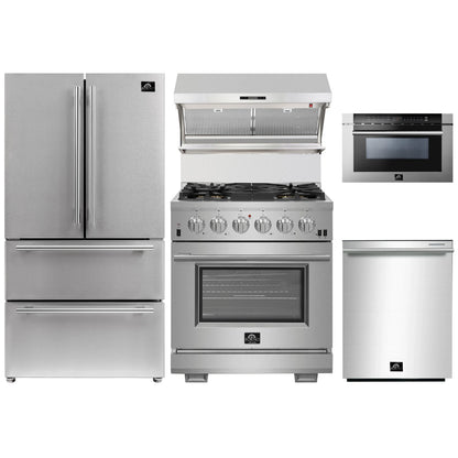 Forno 5-Piece Pro Appliance Package - 30-Inch Gas Range, Refrigerator, Wall Mount Hood with Backsplash, 24-Inch Microwave Drawer, & 3-Rack Dishwasher in Stainless Steel - AP5-6260-30-MWD