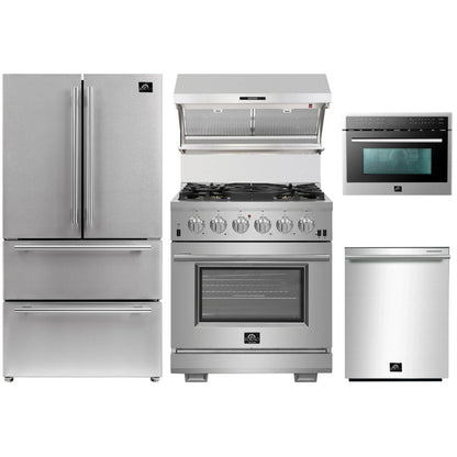 Forno 5-Piece Pro Appliance Package - 30-Inch Gas Range, 36-Inch Refrigerator Wall Mount Hood with Backsplash, 24-Inch Microwave Oven, & 3-Rack Dishwasher in Stainless Steel - AP5-6260-30-MWO