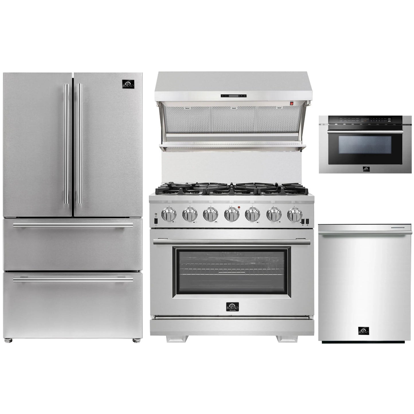 Forno 5-Piece Pro Appliance Package - 36-Inch Gas Range, Refrigerator, Wall Mount Hood with Backsplash, 24-Inch Microwave Drawer, & 3-Rack Dishwasher in Stainless Steel - AP5-6260-36-MWD
