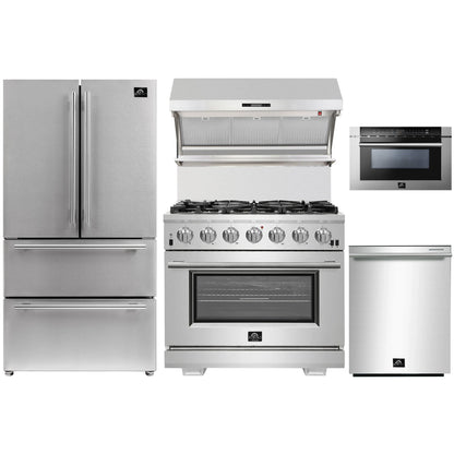 Forno 5-Piece Pro Appliance Package - 36-Inch Gas Range, Refrigerator, Wall Mount Hood with Backsplash, 24-Inch Microwave Drawer, & 3-Rack Dishwasher in Stainless Steel - AP5-6260-36-MWD