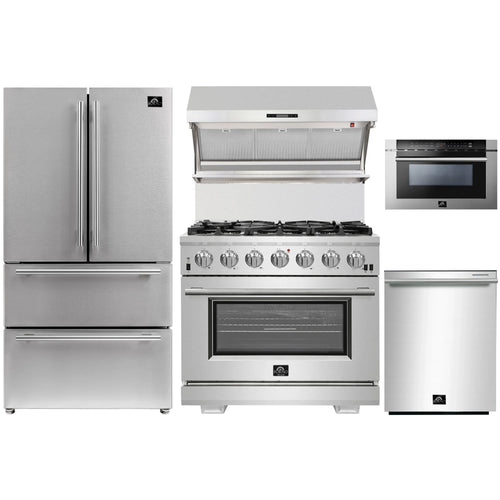 Forno 5-Piece Pro Appliance Package - 36-Inch Gas Range, Refrigerator, Wall Mount Hood with Backsplash, 24-Inch Microwave Drawer, & 3-Rack Dishwasher in Stainless Steel - AP5-6260-36-MWD
