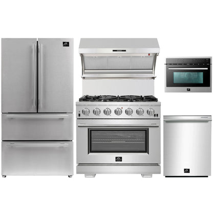 Forno 5-Piece Pro Appliance Package - 36-Inch Gas Range, Refrigerator, Wall Mount Hood with Backsplash, 24-Inch Microwave Oven, & 3-Rack Dishwasher in Stainless Steel - AP5-6260-36-MWO