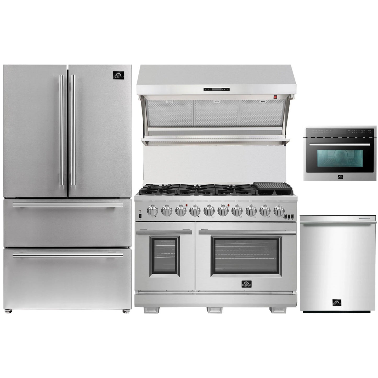 Forno 5-Piece Pro Appliance Package - 48-Inch Gas Range, Refrigerator, Wall Mount Hood with Backsplash, 24-Inch Microwave Oven, & 3-Rack Dishwasher in Stainless Steel - AP5-6260-48-MWO