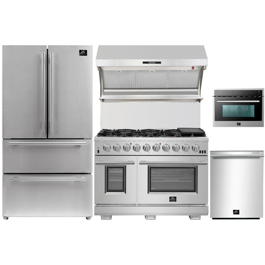 Forno 5-Piece Pro Appliance Package - 48-Inch Gas Range, Refrigerator, Wall Mount Hood with Backsplash, 24-Inch Microwave Oven, & 3-Rack Dishwasher in Stainless Steel - AP5-6260-48-MWO
