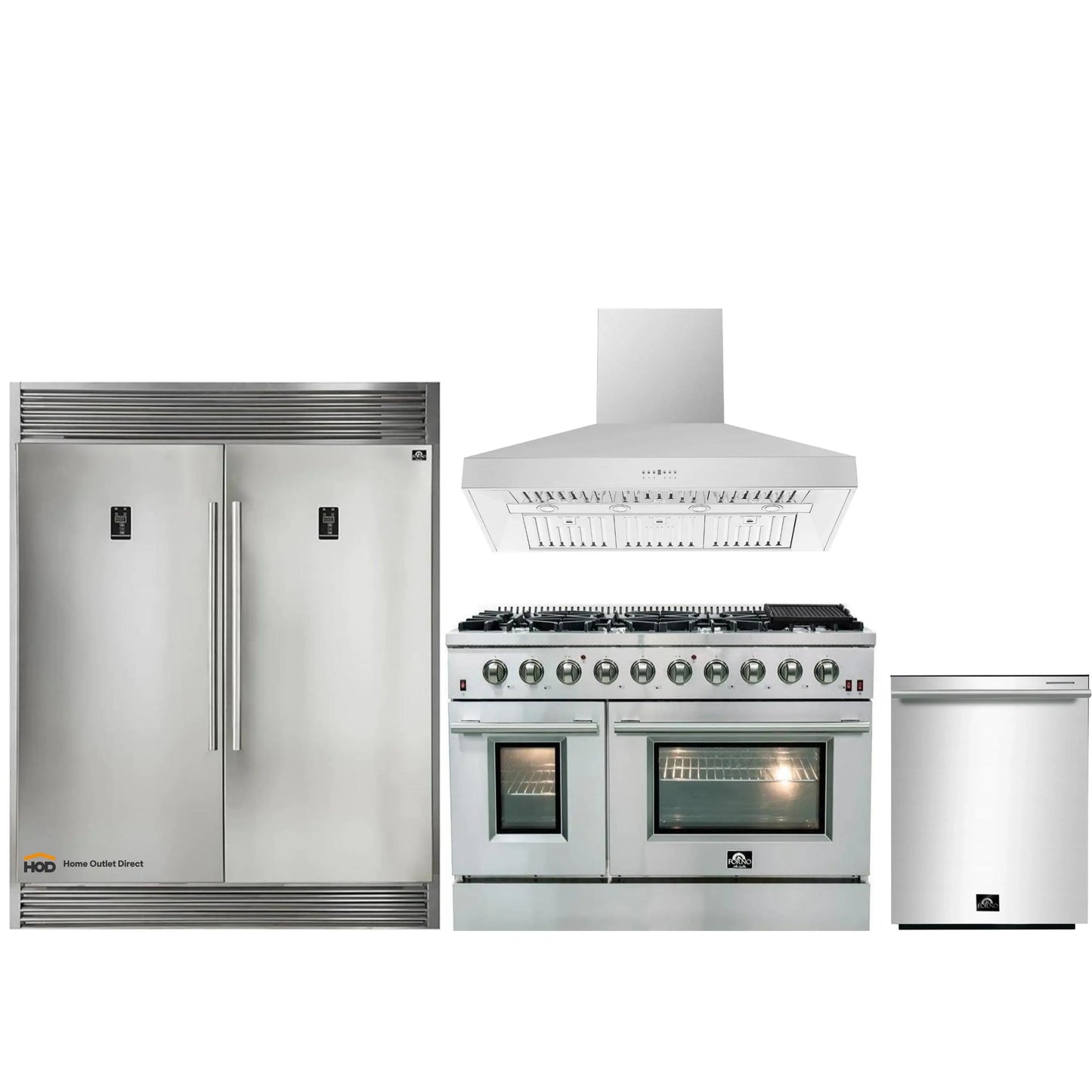 Forno 4-Piece Appliance Package - 48-Inch Gas Range, 60-Inch Pro-Style Refrigerator, Wall Mount Hood, & 3-Rack Dishwasher in Stainless Steel - APD4-6244-48-H