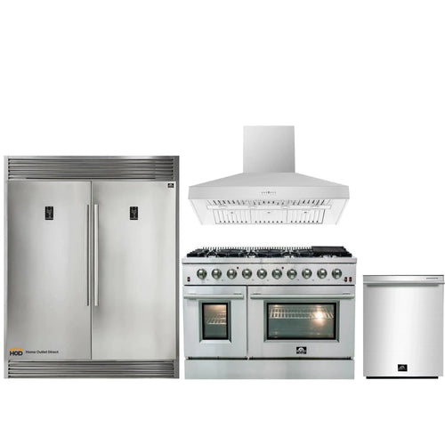 Forno 4-Piece Appliance Package - 48-Inch Gas Range, 60-Inch Pro-Style Refrigerator, Wall Mount Hood, & 3-Rack Dishwasher in Stainless Steel - APD4-6244-48-H