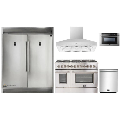 Forno 5-Piece Appliance Package - 48-Inch Dual Fuel Range, 60-Inch Pro-Style Refrigerator, Wall Mount Hood, 24-Inch Microwave Drawer, & 3-Rack Dishwasher in Stainless Steel - APD5-6156-48-H-MWD