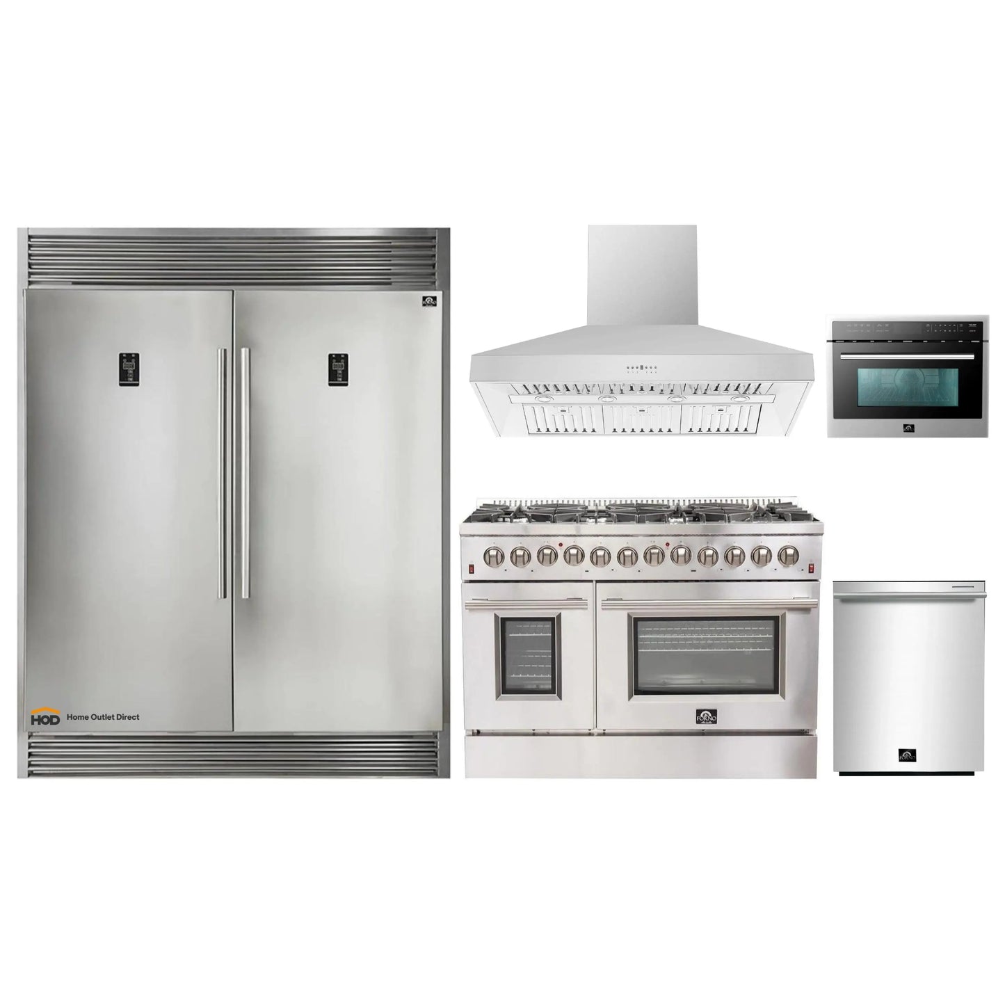 Forno 5-Piece Appliance Package - 48-Inch Dual Fuel Range, 60-Inch Pro-Style Refrigerator, Wall Mount Hood, 24-Inch Microwave Oven, & 3-Rack Dishwasher in Stainless Steel - APD5-6156-48-H-MWO
