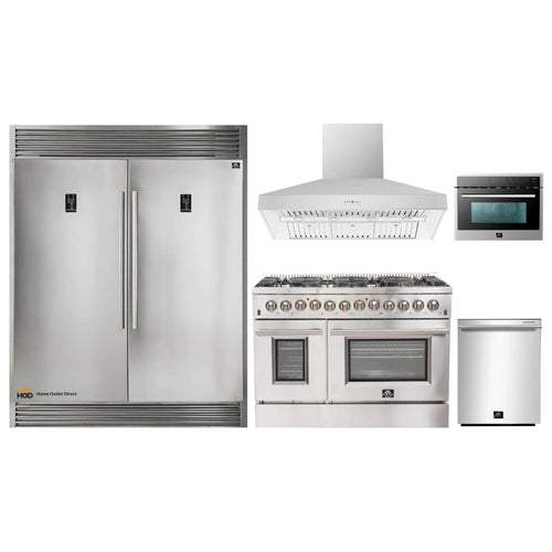 Forno 5-Piece Appliance Package - 48-Inch Dual Fuel Range, 60-Inch Pro-Style Refrigerator, Wall Mount Hood, 24-Inch Microwave Oven, & 3-Rack Dishwasher in Stainless Steel - APD5-6156-48-H-MWO