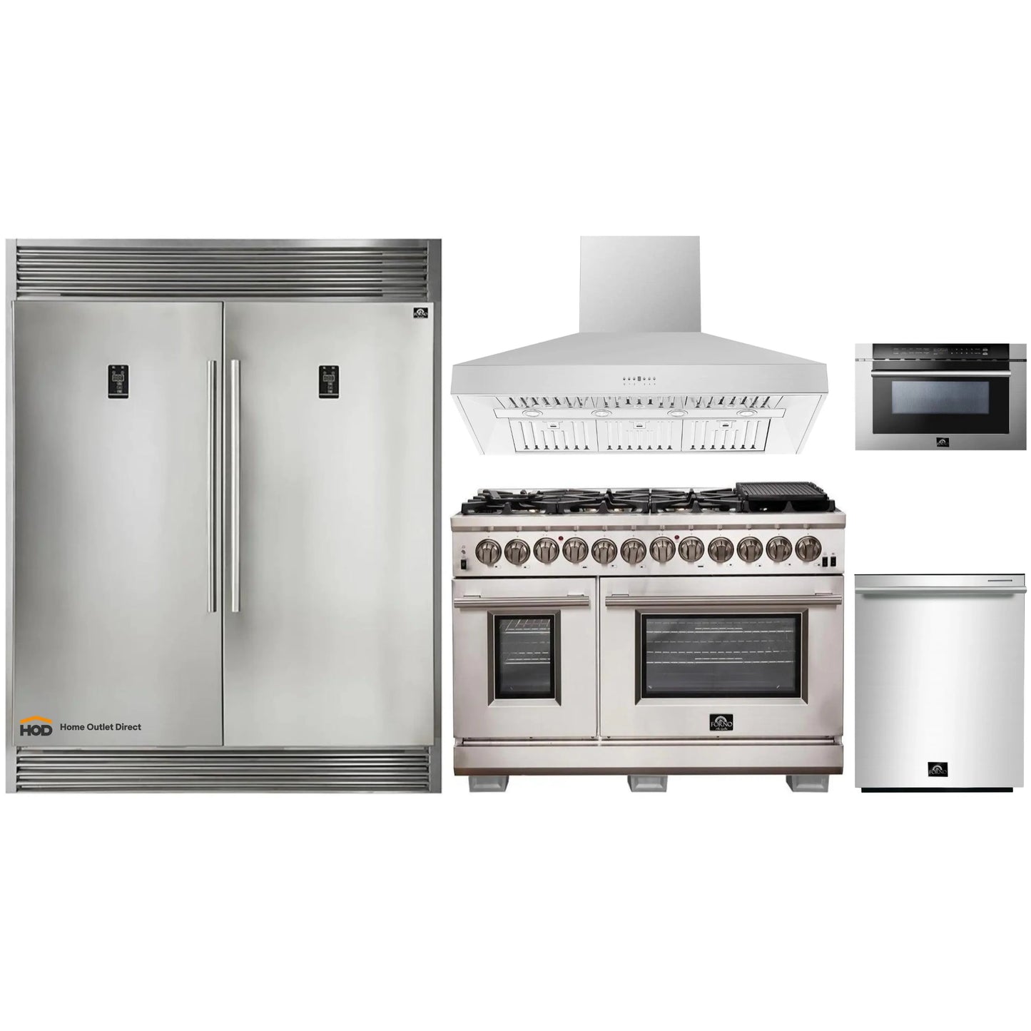 Forno 5-Piece Pro Appliance Package - 48-Inch Dual Fuel Range, 60-Inch Pro-Style Refrigerator, Wall Mount Hood, 24-Inch Microwave Drawer, & 3-Rack Dishwasher in Stainless Steel - APD5-6187-48-H-MWD