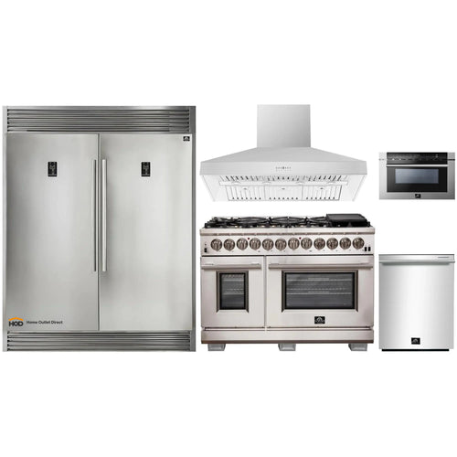 Forno 5-Piece Pro Appliance Package - 48-Inch Dual Fuel Range, 60-Inch Pro-Style Refrigerator, Wall Mount Hood, 24-Inch Microwave Drawer, & 3-Rack Dishwasher in Stainless Steel - APD5-6187-48-H-MWD