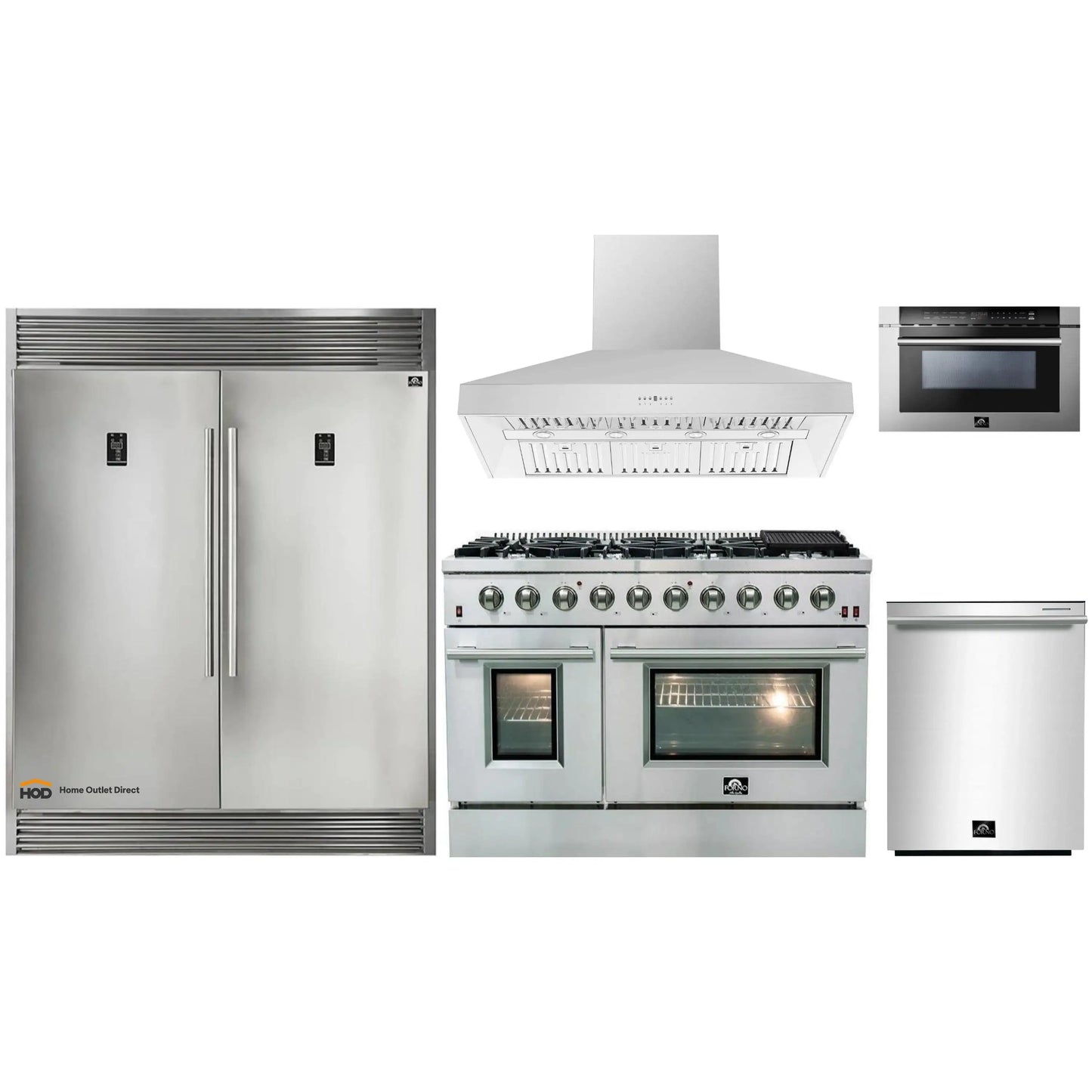Forno 5-Piece Appliance Package - 48-Inch Gas Range, 60-Inch Pro-Style Refrigerator, Wall Mount Hood, 24-Inch Microwave Drawer, & 3-Rack Dishwasher in Stainless Steel - APD5-6244-48-H-MWD