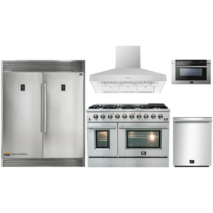 Forno 5-Piece Appliance Package - 48-Inch Gas Range, 60-Inch Pro-Style Refrigerator, Wall Mount Hood, 24-Inch Microwave Drawer, & 3-Rack Dishwasher in Stainless Steel - APD5-6244-48-H-MWD