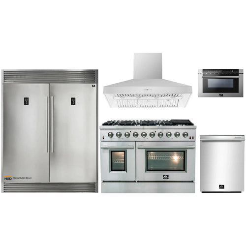 Forno 5-Piece Appliance Package - 48-Inch Gas Range, 60-Inch Pro-Style Refrigerator, Wall Mount Hood, 24-Inch Microwave Drawer, & 3-Rack Dishwasher in Stainless Steel - APD5-6244-48-H-MWD