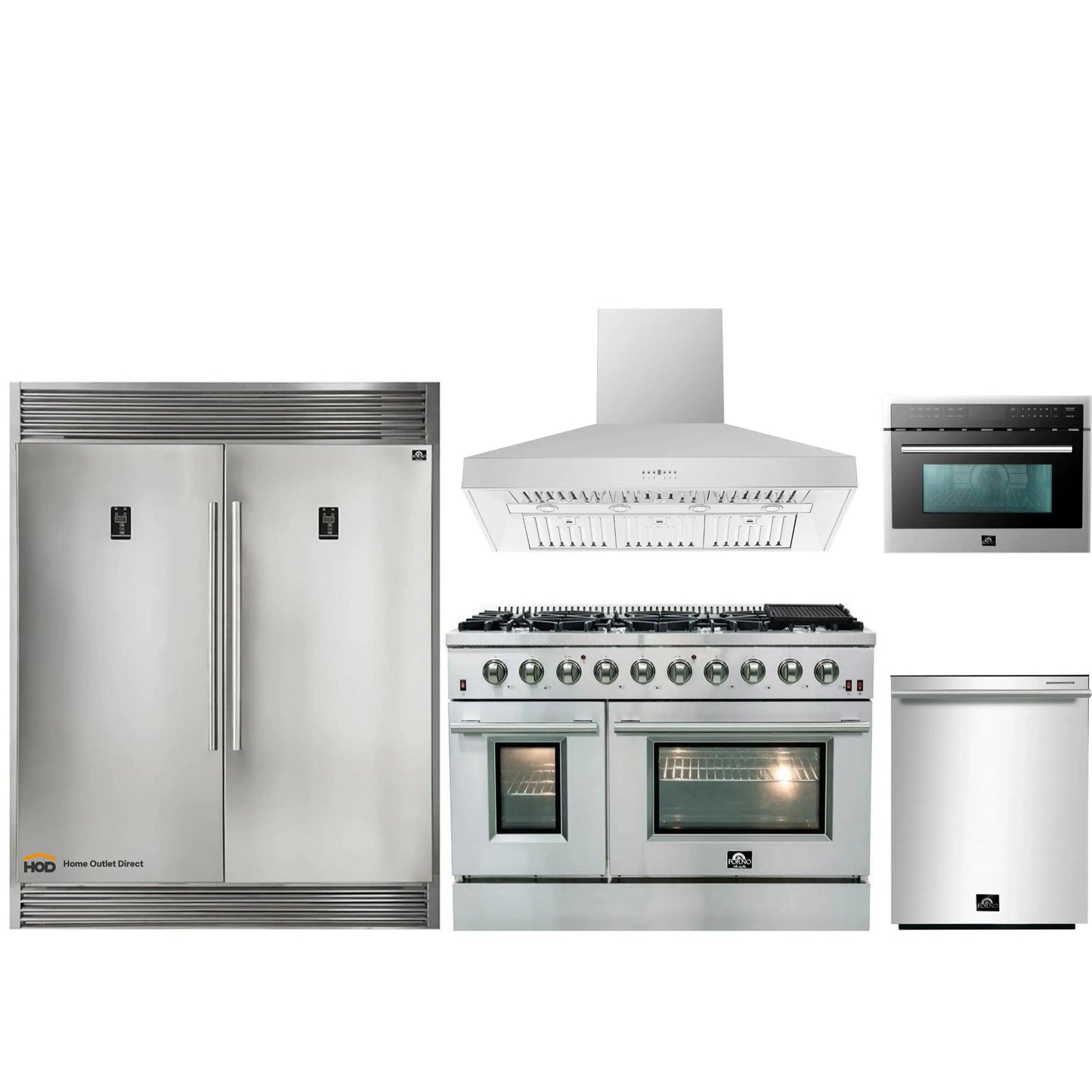Forno 5-Piece Appliance Package - 48-Inch Gas Range, 60-Inch Pro-Style Refrigerator, Wall Mount Hood, 24-Inch Microwave Oven, & 3-Rack Dishwasher in Stainless Steel - APD5-6244-48-H-MWO