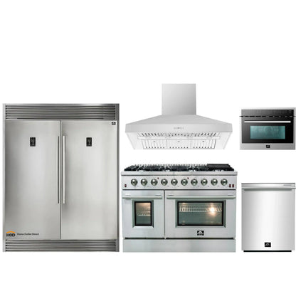 Forno 5-Piece Appliance Package - 48-Inch Gas Range, 60-Inch Pro-Style Refrigerator, Wall Mount Hood, 24-Inch Microwave Oven, & 3-Rack Dishwasher in Stainless Steel - APD5-6244-48-H-MWO