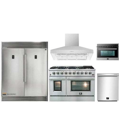 Forno 5-Piece Appliance Package - 48-Inch Gas Range, 60-Inch Pro-Style Refrigerator, Wall Mount Hood, 24-Inch Microwave Oven, & 3-Rack Dishwasher in Stainless Steel - APD5-6244-48-H-MWO