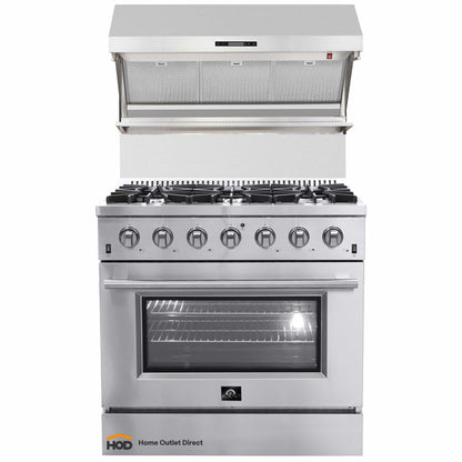 Forno 2-Piece Appliance Package - 36-Inch Gas Range & Wall Mount Hood with Backsplash in Stainless Steel - APH2-6244-36