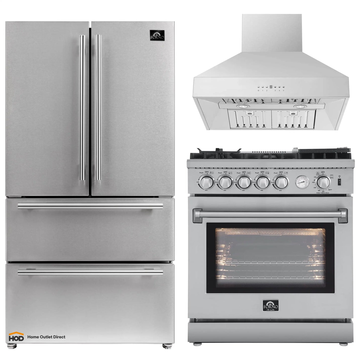 Forno 3-Piece Appliance Package - 30-Inch Gas Range with Air Fryer, 36-Inch Refrigerator & Wall Mount Hood in Stainless Steel - APR3-6276-30-H