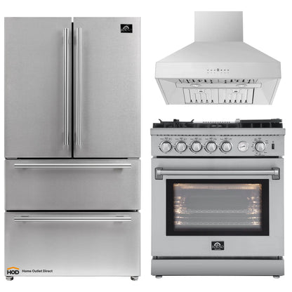 Forno 3-Piece Appliance Package - 30-Inch Gas Range with Air Fryer, 36-Inch Refrigerator & Wall Mount Hood in Stainless Steel - APR3-6276-30-H