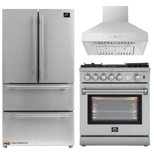 Forno 3-Piece Appliance Package - 30-Inch Gas Range with Air Fryer, 36-Inch Refrigerator & Wall Mount Hood in Stainless Steel - APR3-6276-30-H