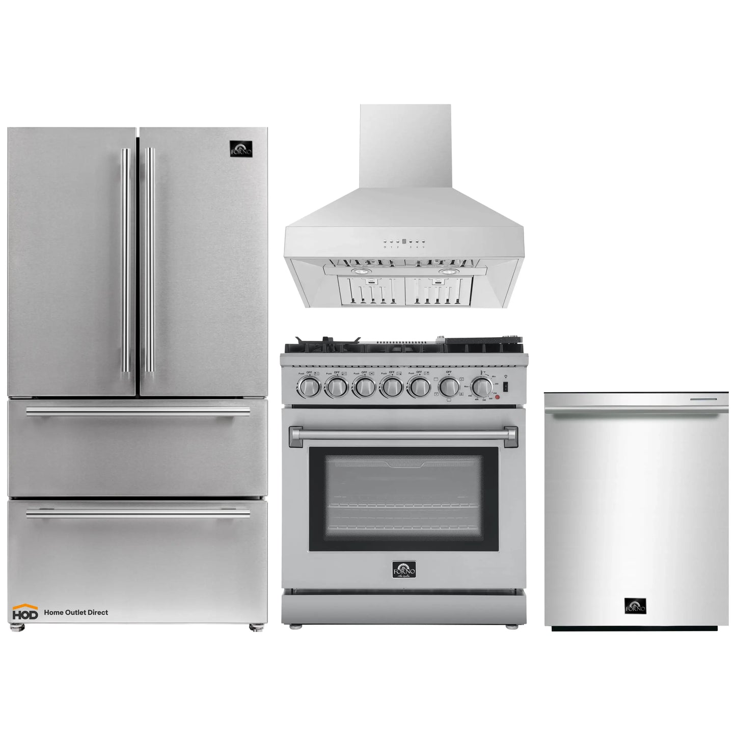 Forno 4-Piece Appliance Package - 30-Inch Dual Fuel Range with Air Fryer, Refrigerator, Wall Mount Hood, & 3-Rack Dishwasher in Stainless Steel - APR4-6196-30-H