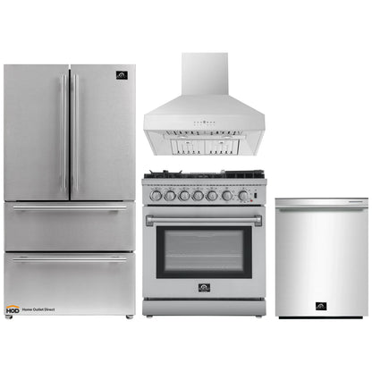 Forno 4-Piece Appliance Package - 30-Inch Dual Fuel Range with Air Fryer, Refrigerator, Wall Mount Hood, & 3-Rack Dishwasher in Stainless Steel - APR4-6196-30-H