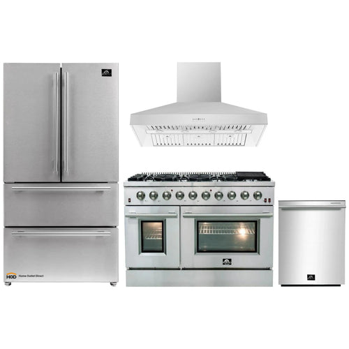 Forno 4-Piece Appliance Package - 48-Inch Gas Range, Refrigerator, Wall Mount Hood, & 3-Rack Dishwasher in Stainless Steel - APR4-6244-48-H