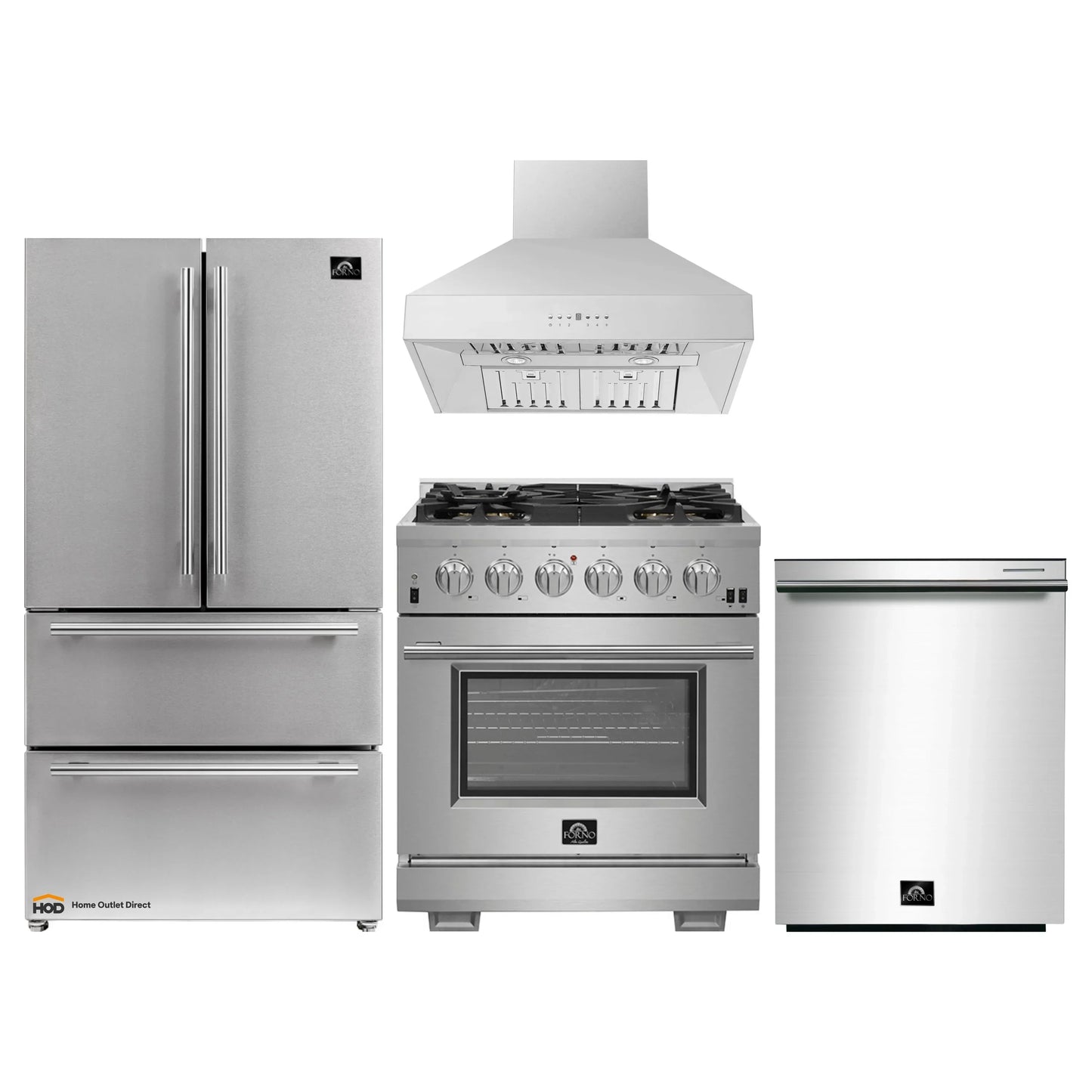 Forno 4-Piece Pro Appliance Package - 30-Inch Gas Range, 36-Inch Refrigerator Wall Mount Hood, & 3-Rack Dishwasher in Stainless Steel - APR4-6260-30-H