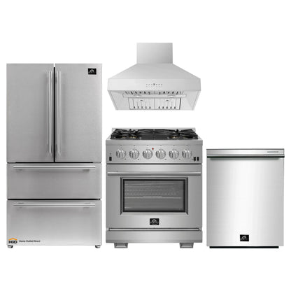 Forno 4-Piece Pro Appliance Package - 30-Inch Gas Range, 36-Inch Refrigerator Wall Mount Hood, & 3-Rack Dishwasher in Stainless Steel - APR4-6260-30-H