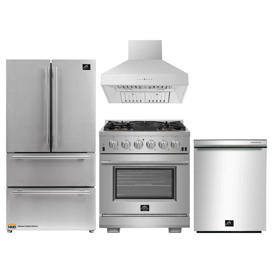 Forno 4-Piece Pro Appliance Package - 30-Inch Gas Range, 36-Inch Refrigerator Wall Mount Hood, & 3-Rack Dishwasher in Stainless Steel - APR4-6260-30-H