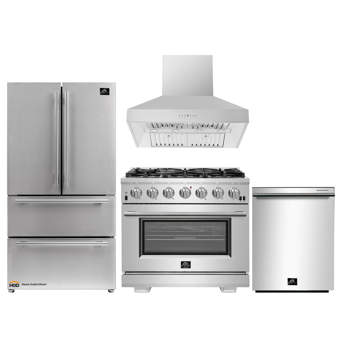 Forno 4-Piece Pro Appliance Package - 36-Inch Gas Range, Refrigerator, Wall Mount Hood, & 3-Rack Dishwasher in Stainless Stee - APR4-6260-36-Hl