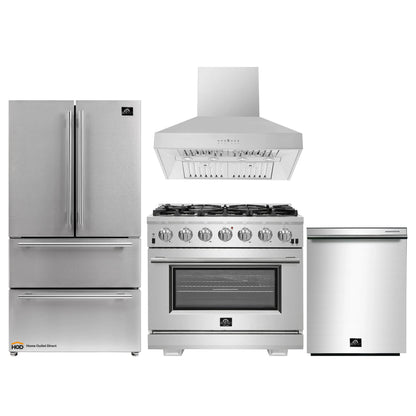 Forno 4-Piece Pro Appliance Package - 36-Inch Gas Range, Refrigerator, Wall Mount Hood, & 3-Rack Dishwasher in Stainless Stee - APR4-6260-36-Hl