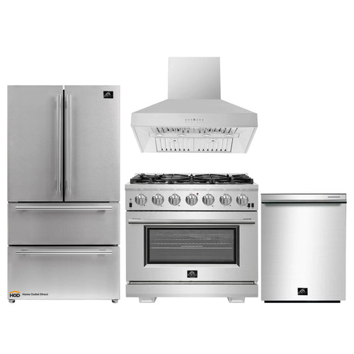 Forno 4-Piece Pro Appliance Package - 36-Inch Gas Range, Refrigerator, Wall Mount Hood, & 3-Rack Dishwasher in Stainless Stee - APR4-6260-36-Hl