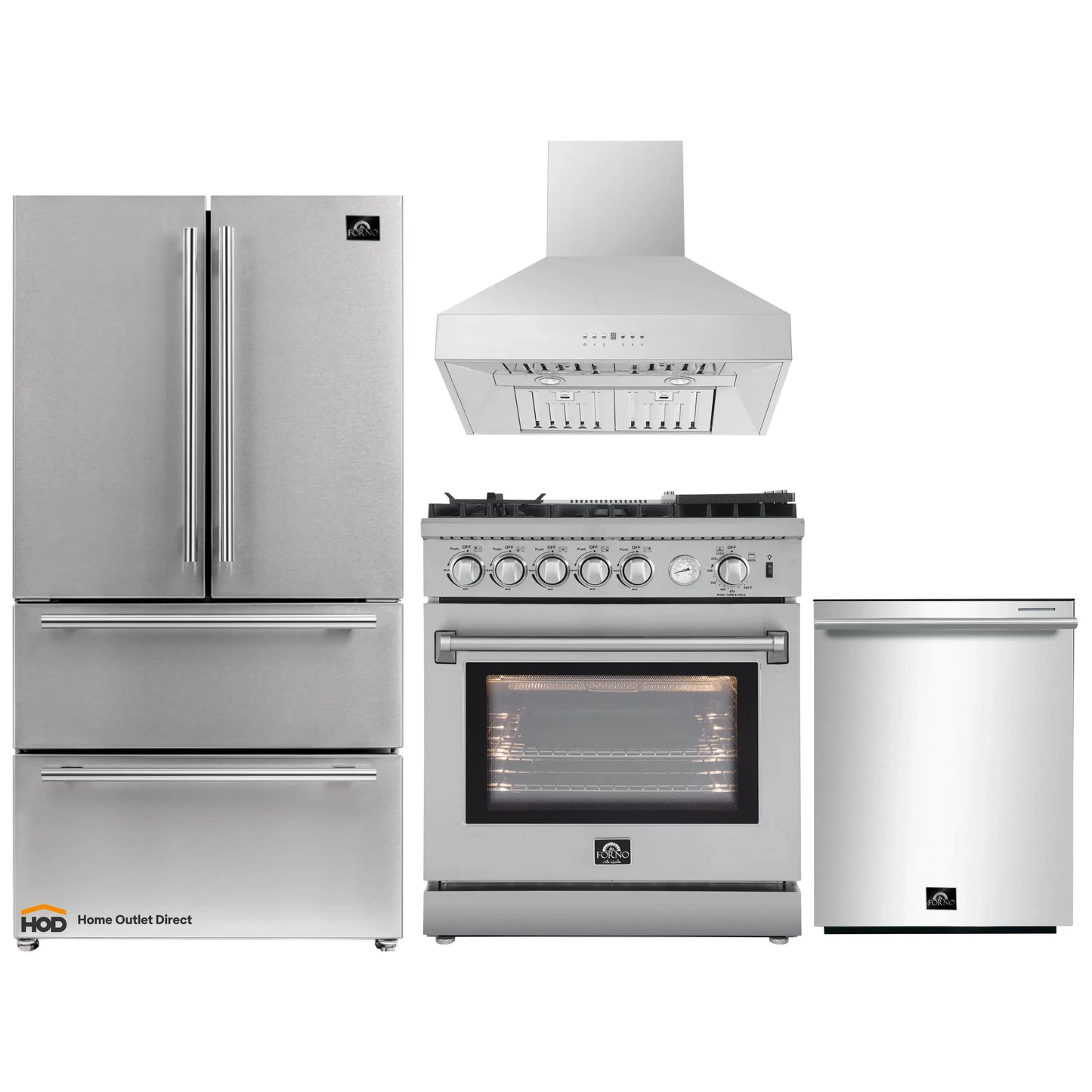 Forno 4-Piece Appliance Package - 30-Inch Gas Range with Air Fryer, Refrigerator, Wall Mount Hood, & 3-Rack Dishwasher in Stainless Steel - APR4-6276-30-H